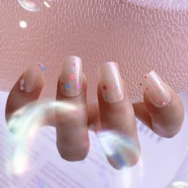 24 PCS Clear Pink Press on Nails Medium Square Summer Cute Fake Nails Press Ons Acrylic Nail Art Tip Kit Full Cover Summer False Nails Glue on Nails with Colorful Dots Design for Women