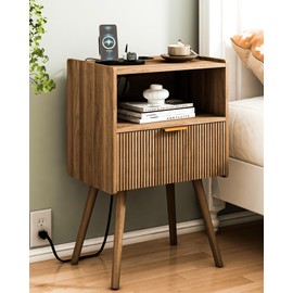 JOONEE Nightstand with Outlet,Modern Bedside Table with Storage Drawer and Open Wood Shelf, for Living Room, Bedroom and Small Spaces, Accent Night Stand with Solid Wood Legs, Easy Assembly,Brown