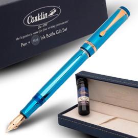 Conklin Duragraph Metal Blue Fountain Pen Medium Nib + Free 15ml Ink Bottle – Elegant Pen Gift Set for Holidays, Executives, Men & Women