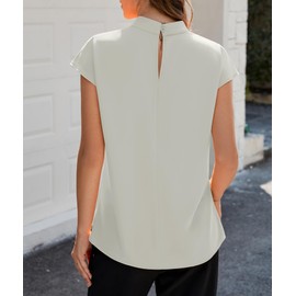 Funlingo Business Casual Tops for Women Summer Turtle Neck Chiffon Blouse Formal Tunic Dress Shirts Cap Sleeve Loose Pleated Work Outfits Grey XL