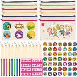 FYSL Pencil Case for Painting for Children, Pack of 12 DIY Blank Fabric Bags, Bags for Painting with Watercolour Pencils, Bookmark, Painting Stencil, Stickers, Children's Birthday Party Favours