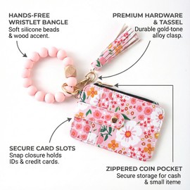 Heracantha Women’s Boho Beaded Wristlet Keychain Wallet – Floral Pattern Card Holder with Tassel, Silicone Bead Bracelet Key Ring Wallet with Zipper Coin Purse & ID Window for Women