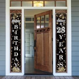 Nelbiirth Happy 28th Birthday Decorations,28th Black & Silver Dream Star Birthday Theme Door Hanging Banner Sign,Cheers to 28 Years Old Bday Party Supplies.
