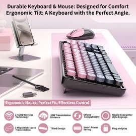Wireless Keyboard and Mouse, MOFII 104 Round Keycaps Retro Typewriter with OTG & Brush, Full-Size Ergonomic, Ideal for Windows PC, Home, Office and College Peach Pink