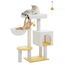 MUTTROS Cute Cat Tree - 35.4" Cloud Cat Tower Cat Condo for Indoor Cats w/Large Top Bed, Comfy Hammock for Kittens, Flower Platform, Cat Scratching Post, and Dangling Ball, White