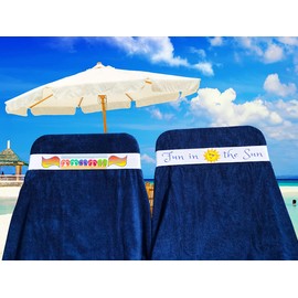Jackster Beach Towel Band, Elastic Towel Strap for Pool, Beach, Lounge and Cruise Chairs (2 Pack, (1) Fun/Sun, (1) Toes/Sand)