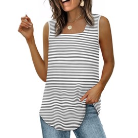 WIHOLL Summer Tops for Women Spring Dressy Casual Square Neck Tank Outfits 2025 Teacher Black White Stripe M