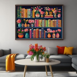 Blooming Bookshelf Jigsaw Puzzles 1000 Pieces, PICKFORU Wildflower Pages Puzzle, Plant Floral Flowers Books Literary Themed, Colorful Art Library Impossible Challenging Puzzles for Adults