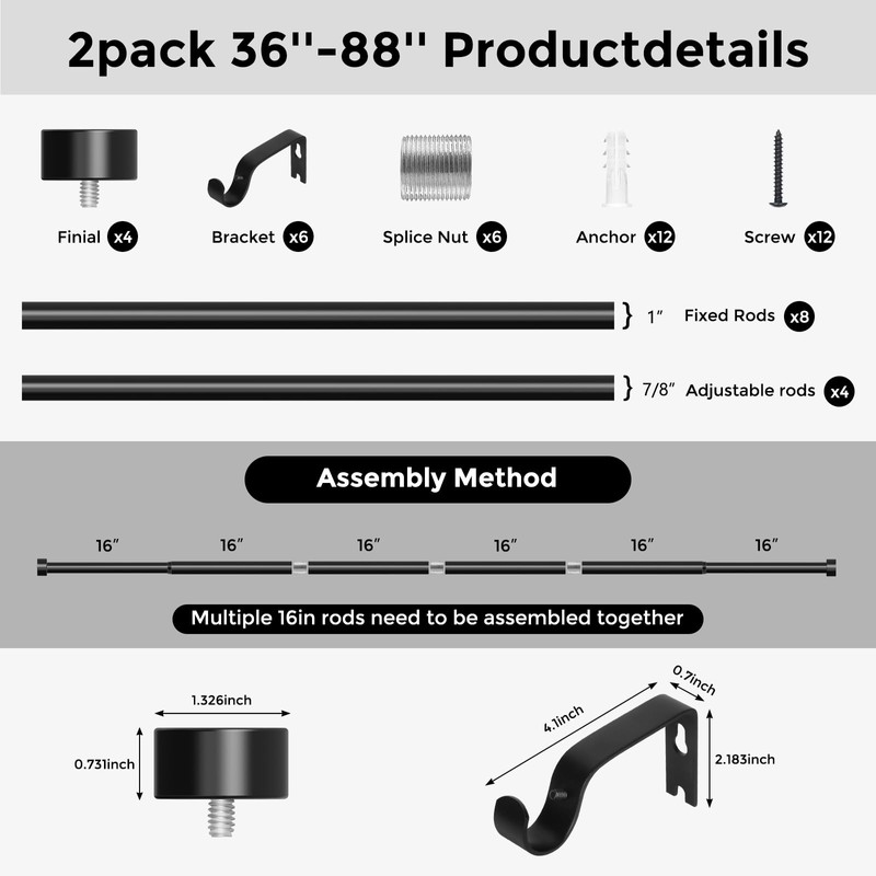 VOIIY 2 Pack Curtain Rods for Windows 48 to 84