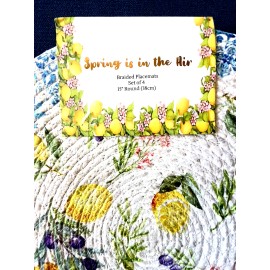 MIREILLE DESIGNS 4 pc LEMONS Braided Placemat Set 15” Rnd Blue Edge Yellow Plum Flowers Easy Care