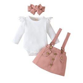 6-9 Months baby Girl Suspender Skirt pink spring clothes Sets toddler fall outfit long Sleeve Rib romper Headband 3pcs