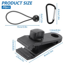 VIDETOL 60 Piece Tarp Clips Set, 20 Tarp Clips + 20 Tensioning Rubbers + 20 Nylon Tent Bungees Cords, Black Tarpaulin Attachment, Tent Tarpaulin Clips for Boots, Awnings, Outdoor Camping, Caravans