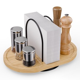 Primo Lines Rotating Napkin Holder for Table with Built-In Space for Salt and Pepper Shakers, Wooden Metal Caddy Rustic Table Organizer with 360 Degree Spin for Kitchen Decor and Accessories (Bamboo)