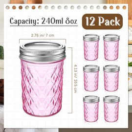 Zhehao 12 Pcs Mason Canning Jars 8 oz Jelly Jars with Regular Lids Mini Honey Jars for Wedding Shower Favors DIY Projects Candle Holding Spice Jam Fruit Smoothie Salad Dressing Ketchup (Pink)