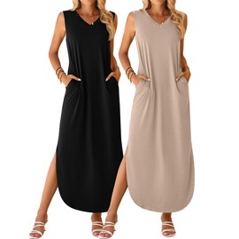 Ficerd 2 Pcs Women's Maxi Dresses Summer Sleeveless Beach Long Dress V Neck Casual Loose Split Sundress with Pockets (Black, Apricot,Large)