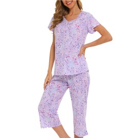 ENJOYNIGHT 2 Packs Womens Cotton Pajama Sets Short Sleeve Top with Capri Pants Sleepwear Summer Pjs (Large, BL-Fly+PU)