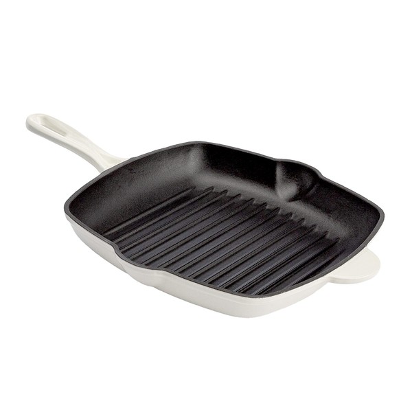 Country Living Enameled Cast Iron Square Griddle Grill Pan with Ridges, Helper Handle and Pouring Spouts for Easy Draining, Indoor Grilling Skillet, 11-Inch, Cream
