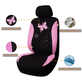 Flying Banner Fashion Colorful Butterfly Lace Embroidery Car Seat Covers Front Airbag Compatible(2 Fronts, Pink)