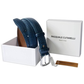 PASQUALE CUTARELLI Mens Crocodile Pattern Italian Leather Belt Denim Blue Medium 38 Inches