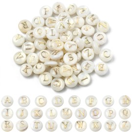 Airssory 26 Pcs Natural Freshwater Shell Letter Alphabet Loose Beads with Golden Plated Flat Round Shape Charm Beads for Bracelets Jewellery Making Key Chains - 8x3~5mm