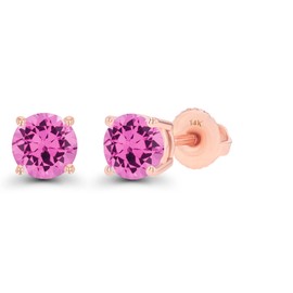 Solid 14K Rose Gold 5mm Round Created Pink Sapphire Birthstone Screwback Stud Earrings