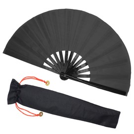 Zolee Large Rave Folding Hand Fan with Bamboo Ribs for Men/Women - Chinese Japanese Handheld Fan with Fabric Case - for Dance Music Festival Party, Performance, Decorations, Gift (Kung Fu Black)
