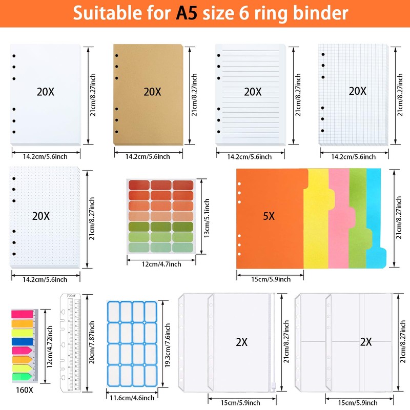 AQTAQ A5 Refill Paper Set, 6 Hole Paper, A5 Notepad