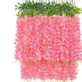 OUKEYI 12 Pcs Artificial Wisteria Flowers Garland, 3.6 FT Silk Fake Flowers Hanging Vine for Indoor Outdoor Home Garden Christmas Wedding Party Decoration (Dark Pink)