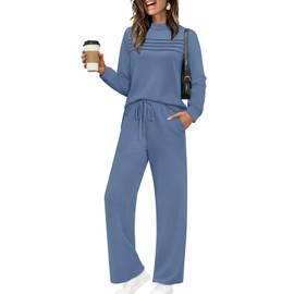WIHOLL Lounge Sets for Women 2 Piece Business Casual Outfits Fall Fashion 2025 Womens Clothes Comfy Workout Sets Athleisure Pajamas Loungewear Winter Break Sweatsuits Seniors Blue Mock Neck M