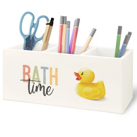 URLLUAE Cute Rubber Duck Wooden Toothbrush Holder Organizer, Gifts for Kids Women, Bath Time Rubber Duck Makeup Brush Holder for Vanity Bathroom Desk Accessories