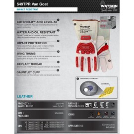 Watson Gloves Van Goat Work Gloves - Goatskin Leather, Kevlar Stitched, Cutshield Lining, Impact & Flame Resistant Rubber (Large)
