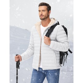 Cotrasen Mens Hooded Puffer Jacket Fleece Lined Insulated Jacket for Men Full Zip Up Warm Winter Coats White XL