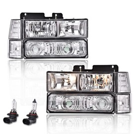 CHEDA Headlights Assembly Compatible with 1994-1998 Chevy C10 C/K 1500 2500 3500 Fit 94-99 Chevy Tahoe Suburban（Clear lens Chrome Housing Clear Reflector） Faros Conjunto De Faros