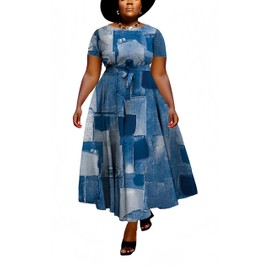 Hostoyo Women Plus Size Casual A Line Maxi Dress Self Tie Waist with Pockets Elegant Round Neck Short Sleeve Long Swing Dress Blue