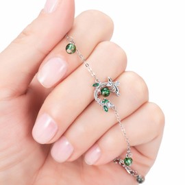 Forest Plant Bracelet 925 Silver Women's Green Stone Beads Zirconia Adjustable Love Bracelets with Leaves Pendant Holiday Lucky Bracelet Jewellery Gifts for Women BFF Teenagers Children Girls,
