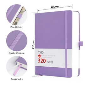 YIEO Notebook A5, Hardback Lined Journal Note Book for Writing Work, 320 Pages Thick Notebook with 100GSM Premium Paper, PU Leather Hardcover Notepad with Inner Pocket, 14.5 x 21cm, Light Purple