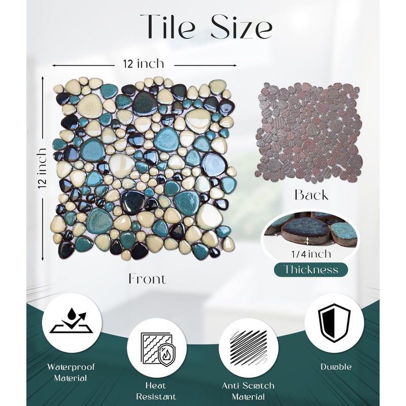 Primoon Pebble Tiles 5 Sheets, Aqua Teal Blue Mosaic Tiles