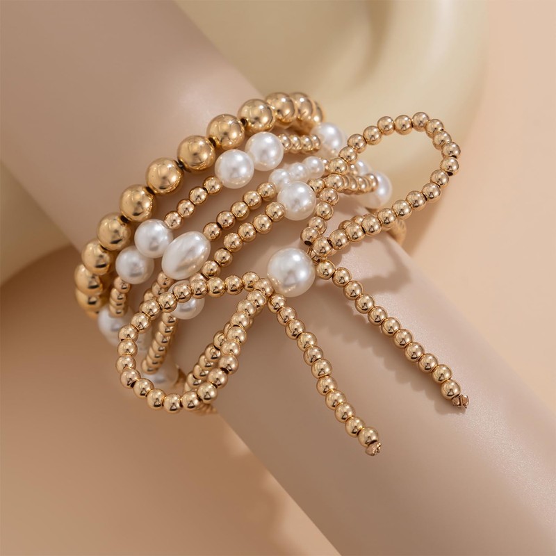 NORLSO Gold Bow Bracelets for Women Gold Beaded Bracelets Stretch