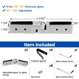 Muzata 2Pack Adjustable Glass to Glass Clamp 90 to 180 Degree Railing Clamp Fit for 3/8"-1/2"(10mm-12mm) Thinkness for Balustrade Fence Deck Brushed T304 Stainless Steel GA08
