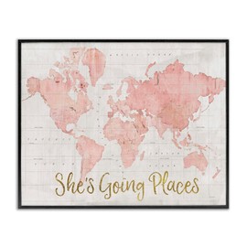Stupell Industries She's Going Places Quote Pink Watercolor World Map, black framed, 24 x 30, ab-961_fr_24x30