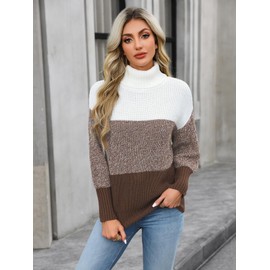 QIANSIQIANBO Women's Striped Color Block Sweater Oversized Turtleneck Sweater Long Sleeve Casual Ladies Knitted Tops Pullover (L) Coffee