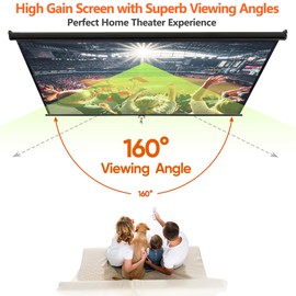 Saicool 100 Inch Projection Screen Outdoor Indoor 16:9 HD Foldable Manual Pull Down Projector Screen for Movie Home Backyard Theater Cinema Office Video Game, White (Black)