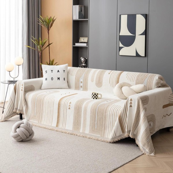 Does not apply Stripe Geometric Jacquard Sofa Covers Cream Beige