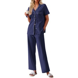 Ekouaer Women's 100% Cotton Pajamas Set Short Sleeve Button Down Pjs 2 Piece Soft Sleepwear with Long Pants Lounge Set Navy Blue X-Large