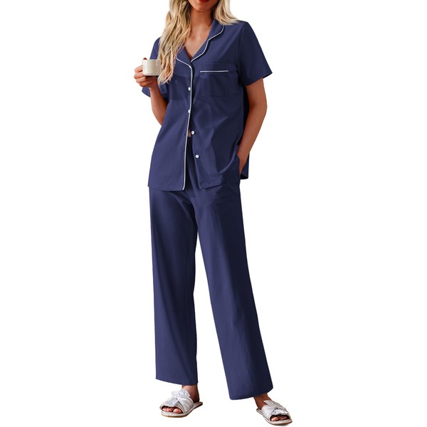 Ekouaer Women's 100% Cotton Pajamas Set Short Sleeve Button Down