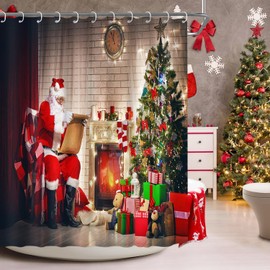 flowerlove 4 Pcs Christmas Shower Curtain Sets with Rugs for Bathroom,Santa Claus Bathroom Sets with Waterproof Farbic Shower Curtains,Merry Christmas Bathroom Shower Curtain Sets