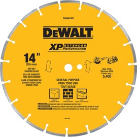 DEWALT 14 in Circular Saw Blade, Dry Wet, Segmented Rim Diamond Blade, 1 in Arbor Size, Extended Performance (DWA47421) (DWA47421)