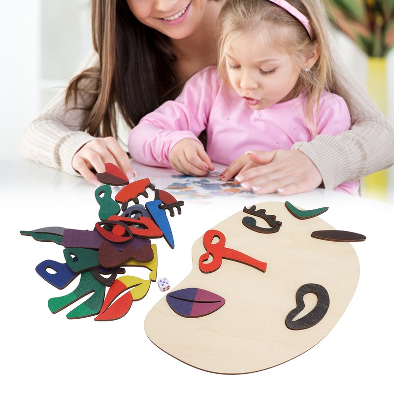 Kids Wooden Puzzle Board 26 Blocks Face Shaped Improve Imagination