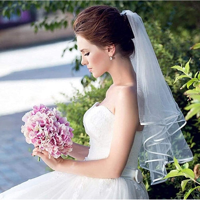 METEMEI White Double Ribbon Edge Center Cascade Bridal Wedding Veil