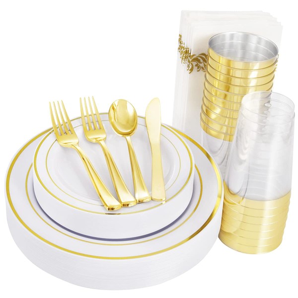 supernal 200 Gold Plastic Plates,Gold Plastic Silverware, Disposable Plastic Cups Disposable Cutlery,Plastic Dinnerware Suit for Birthday,Bridal Shower,Party, Wedding